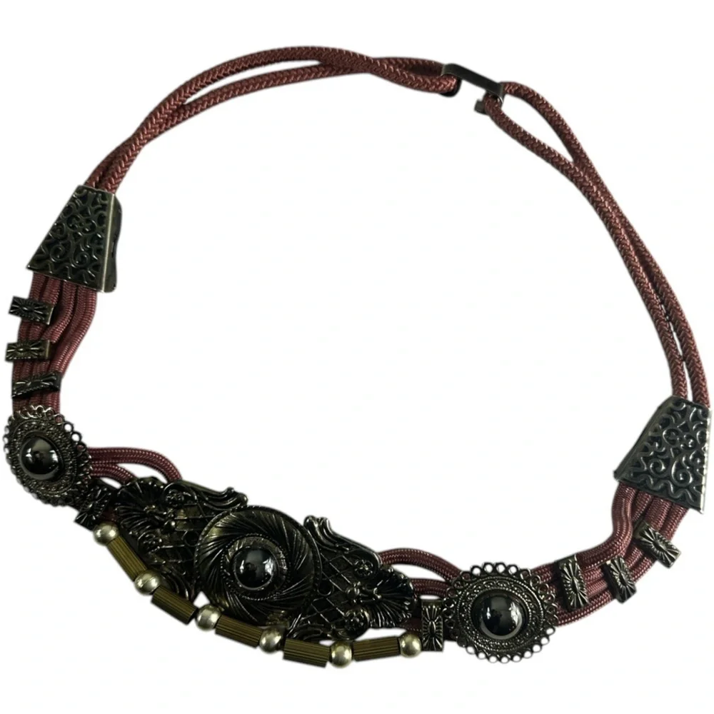 Bronzed Medallion Beaded Salmon Pink Braided Rope Cord Belt Western Boho